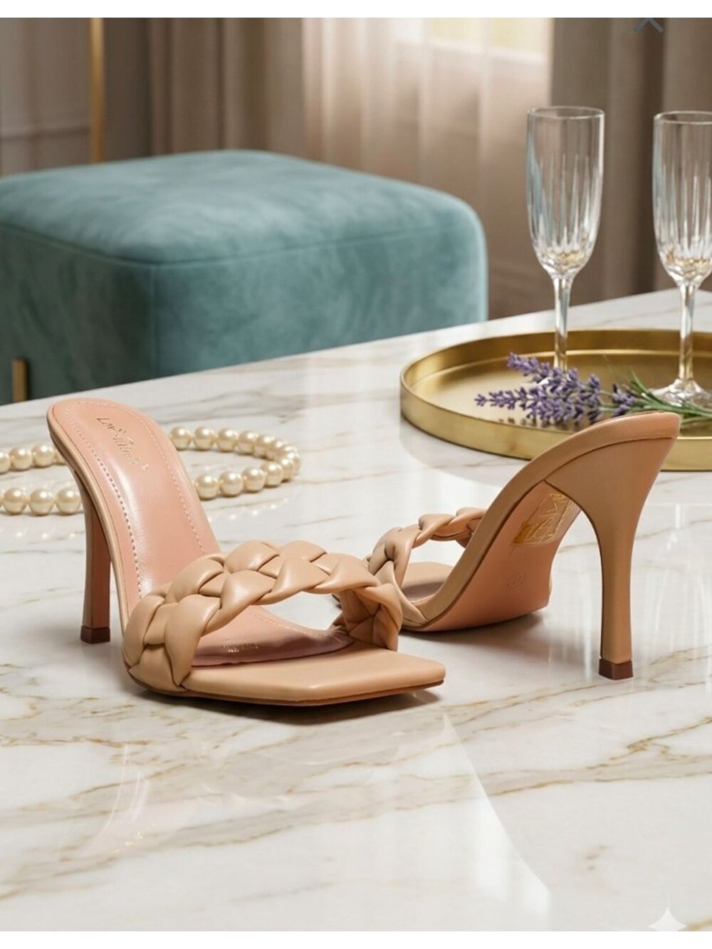 Braided Strap Square-Toe High-Heel Sandals In Nude